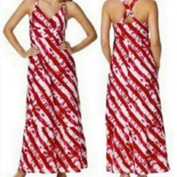 Calypso St. Barth Target Pink Red Tie Dye Cotton Tiered Maxi Dress Faux Wrap 12 - Picture 3 of 12